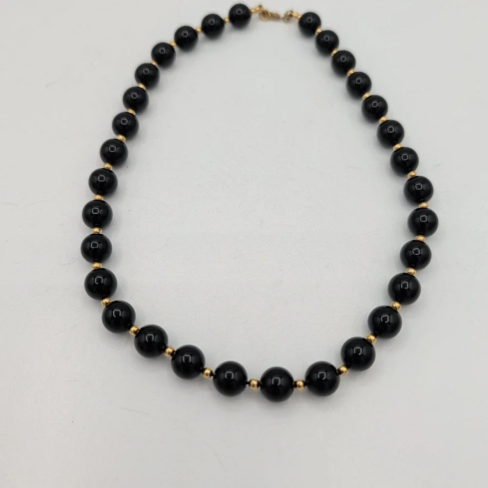 Vintage‎ Monet Black Beaded Choker Necklace Gold Tone Spacers 15